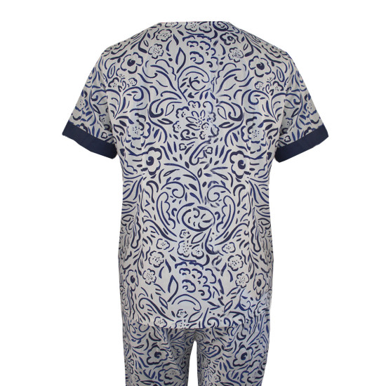 Blue & White Printed Cotton Night Suit, Shirt & Straight Pant Set, Night Wear For Women