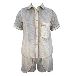 Contemporary Mustard Checks Printed Cotton Night Suit, Shirt & Shorts Set, Night Wear For Women