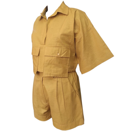 The Linen Story - Dull Yellow Oversized Top & Shorts Set, Linen Co-ord Set For Women