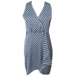 Semi-Formal Blue Geometric Square Printed Satin Dress, Summer Fits For Women