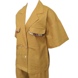 The Linen Story - Dull Yellow Linen Top & Pant Set, Linen Co-ord Set For Women