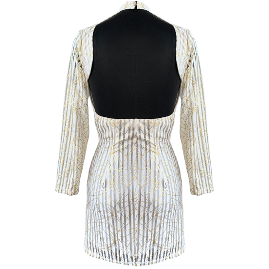 Classy White & Golden Stripes Printed Short Dress For Women 