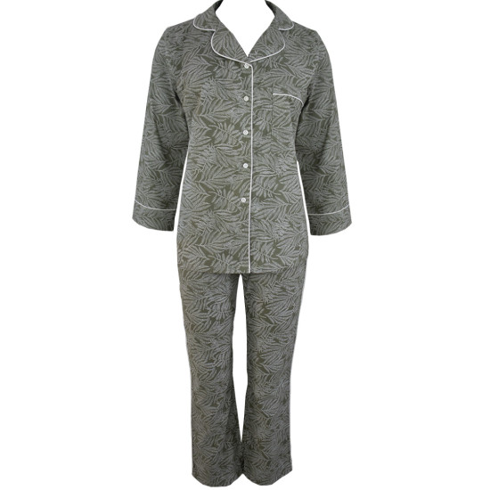 Green & White Leaves Printed Cotton Night Suit, Shirt & Pant Set, Night Wear For Women