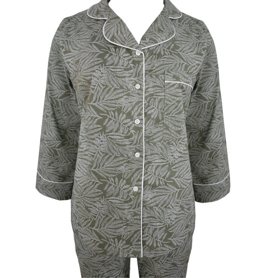 Green & White Leaves Printed Cotton Night Suit, Shirt & Pant Set, Night Wear For Women