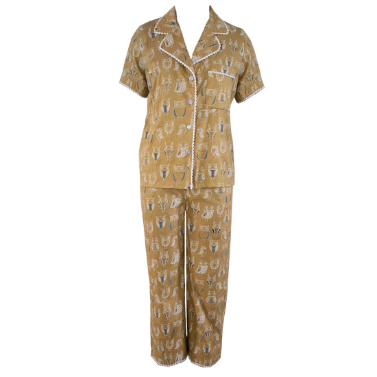 Multicoloured Owl Printed Cotton Night Suit, Shirt & Straight Pant Set, Cotton Night Wear