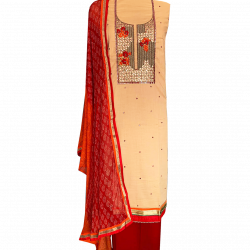 Beige-Red Semi-stitched Cotton Suit with Chiffon Dupatta