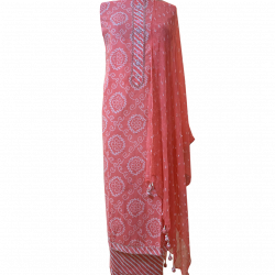 Pink Semi-stitched Cotton Block Printed Suit with Chiffon Dupatta