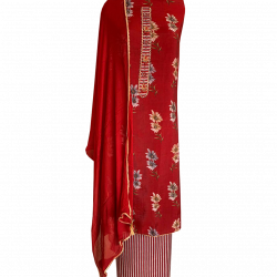 Scarlet Red Semi-stitched Cotton Printed Suit with Chiffon Dupatta