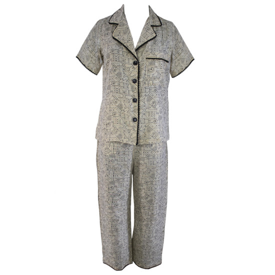 Abstract Printed Cotton Night Suit, Shirt & Straight Pant Set For Women, Night Wear