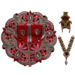 Fancy Pink, Red & Green Embellished Laddu Gopal Dress Along With Mukut & Necklace Set, SIZE - 3/4