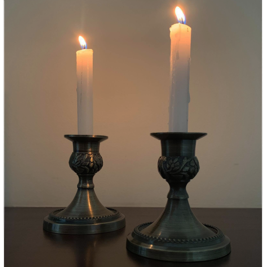 Aluminium Candle Holders With Embossed Design, Set Of 2