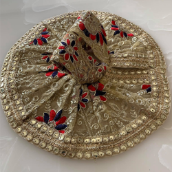 Gorgeous Traditional Golden Embroidered Net Dress Along With Red & Blue Work For Laddu Gopal, Size - 5