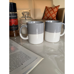 Set Of 2 White & Grey Ceramic Coffee/Tea Mugs/Cups 