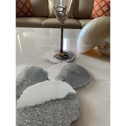 Set Of 4 Aesthetic Resin Art White & Silver Round Coasters For Coffee/Tea Mugs/Cups 