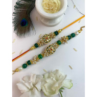 Green Kundan Rakhi And Lumba Set For Bhaiya & Bhabhi For Raksha Bandhan, Couple Rakhi Set