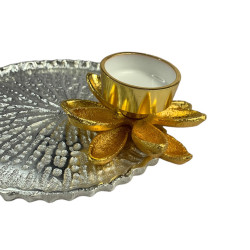Silver & Golden Metal Floral Tea Light Holder Plate For Pooja - Size 6 Inches