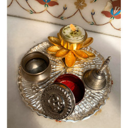 Silver & Golden Metal Floral Tea Light Holder Plate For Pooja - Size 6 Inches