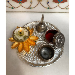 Silver & Golden Metal Floral Tea Light Holder Plate For Pooja - Size 6 Inches