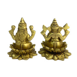 Ganesh Ji & Laxmi Ji On Lotus Brass Figurine, Brass Idol Set Of 2