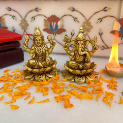 Ganesh Ji & Laxmi Ji On Lotus Brass Figurine, Brass Idol Set Of 2