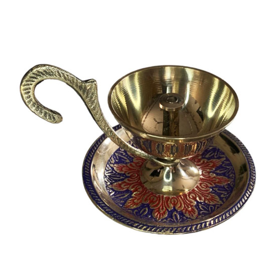 Beautiful Colorful Brass Akhand Jyot With Handle, Brass Deepak For Pooja