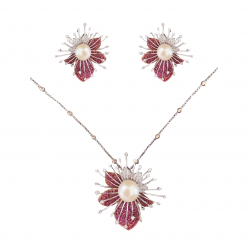 14 Kt. Hall Mkd. White Gold Pendant Earrings Set, Studded with Color Stones and Natural Diamonds