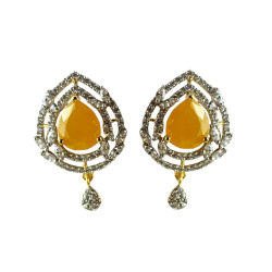 Set Of Pendant & Earrings With Yellow Gemstone & American Diamonds, Artificial Jewellery For Women, Imitation Traditional Jewelry