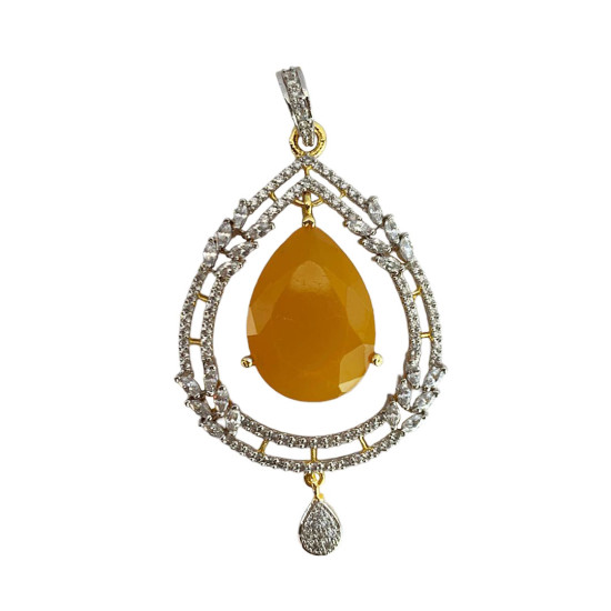 Set Of Pendant & Earrings With Yellow Gemstone & Artificial Diamonds, Artificial Jewellery For Women, Imitation Traditional Jewelry