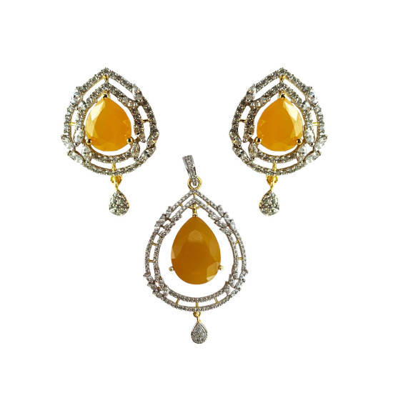 Set Of Pendant & Earrings With Yellow Gemstone & Artificial Diamonds, Artificial Jewellery For Women, Imitation Traditional Jewelry