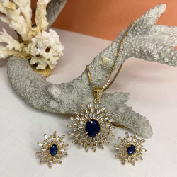 Set Of Pendant & Earrings With American Diamonds & Gemstone (Blue), Imitation Jewelry For Women 