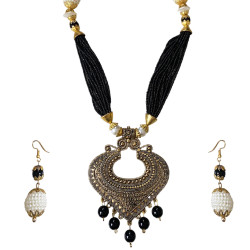 Black & White Long Beaded Necklace & Earring Set, Traditional Imitation Jewellery For Women