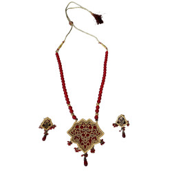 Beautiful Red & Golden Long Necklace and Earrings Set, Traditional Imitation Jewellery For Women