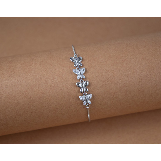 925 Sterling Silver (Rhodium Plated) Sleek Butterfly Bracelet With AD / Zircon For Women