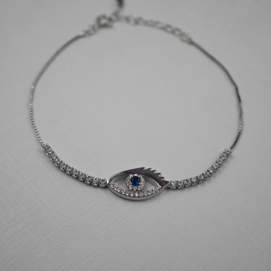 Evil Eye Charm - 925 Sterling Silver (Rhodium Plated) Sleek Bracelet With AD / Zircon For Women