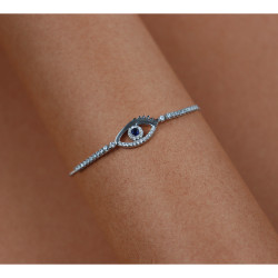 Evil Eye Charm - 925 Sterling Silver (Rhodium Plated) Sleek Bracelet With AD / Zircon For Women