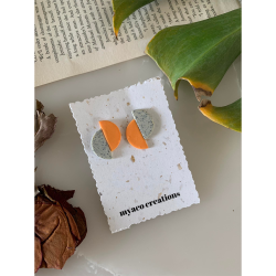 Handmade Shifted Circle Polymer Clay Earrings For Women/Girls; Orange & Dust Grey