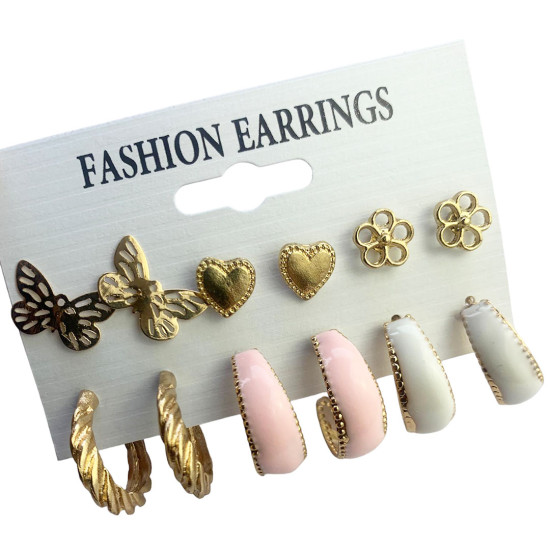 Combo Of 6 Earrings For Women, 3 Studs & 3 Hoops, Golden White & Pink