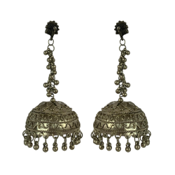 Long Antique Style Peacock Silver Jhumki Drop Earrings, Silver Jhumka Jewellery For Women