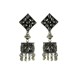 Geometric Style Long Sliver Jhumki Earrings, Silver Jhumka Jewellery For Women