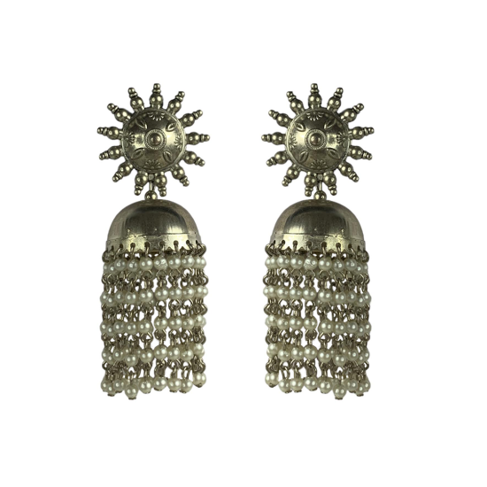 Silver Sun Jhumki Earrings With White Bead Latkans, Silver Jhumka Jewellery For Women