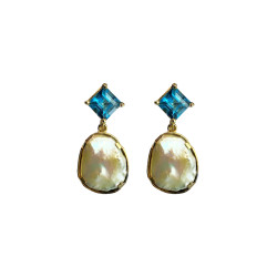 Ocean Drop - 24K Gold-Plated Semi-Precious Stones, Blue Topaz & Mother of Pearl, Statement Earrings For Women
