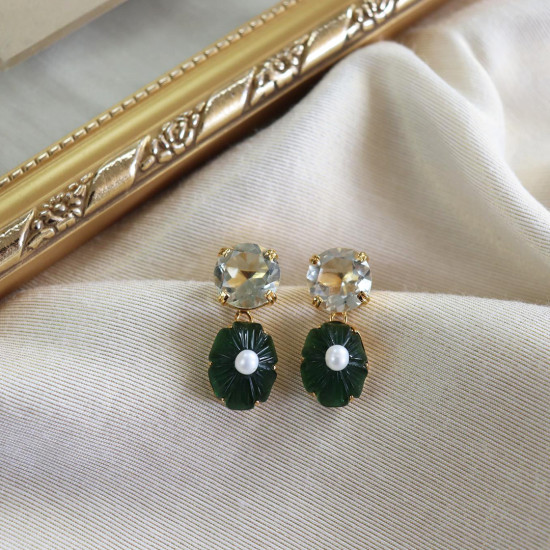Emerald Blossoms - 995 Pure Silver Rhodium Plated Earrings With Semi Precious Stones, Statement Earrings For Women, Small Dangler Earrings