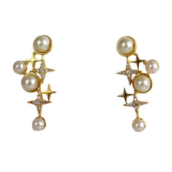 Starlit Pearls - 995 Pure Silver Rhodium Plated Earrings, Statement Earrings For Women, Contemporary Earrings