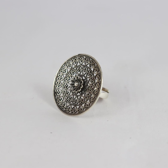 925 Sterling Silver Oxidized Adjustable Floral Mandala Cocktail Ring 