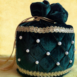 Elegant Dark Bottle Green Velvet Potli Bag For Women With Golden Lace Work