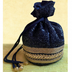 Beautiful Dark Blue Shimmer Cloth Potli Bag For Women With Gold Lace Work