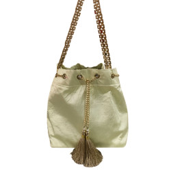 Light Yellow Cloth Bucket Bag With Golden Chain & Fancy Handle For Weddings, Bags/Clutch/Pouch For Women