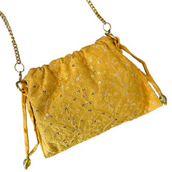 Yellow Embroidered Cloth Pouch Sling Bag With Golden Chain For Weddings, Potli/Clutch/Bag For Women