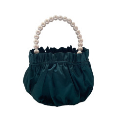 Deep Green Bucket Bag With White Pearl Chain For Weddings, Bags/Clutch/Pouch For Women