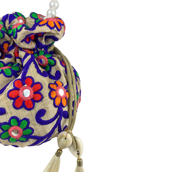 Multicolored Floral Potli Bag With Pearl Chain & Latkan For Women For Weddings / Parties 